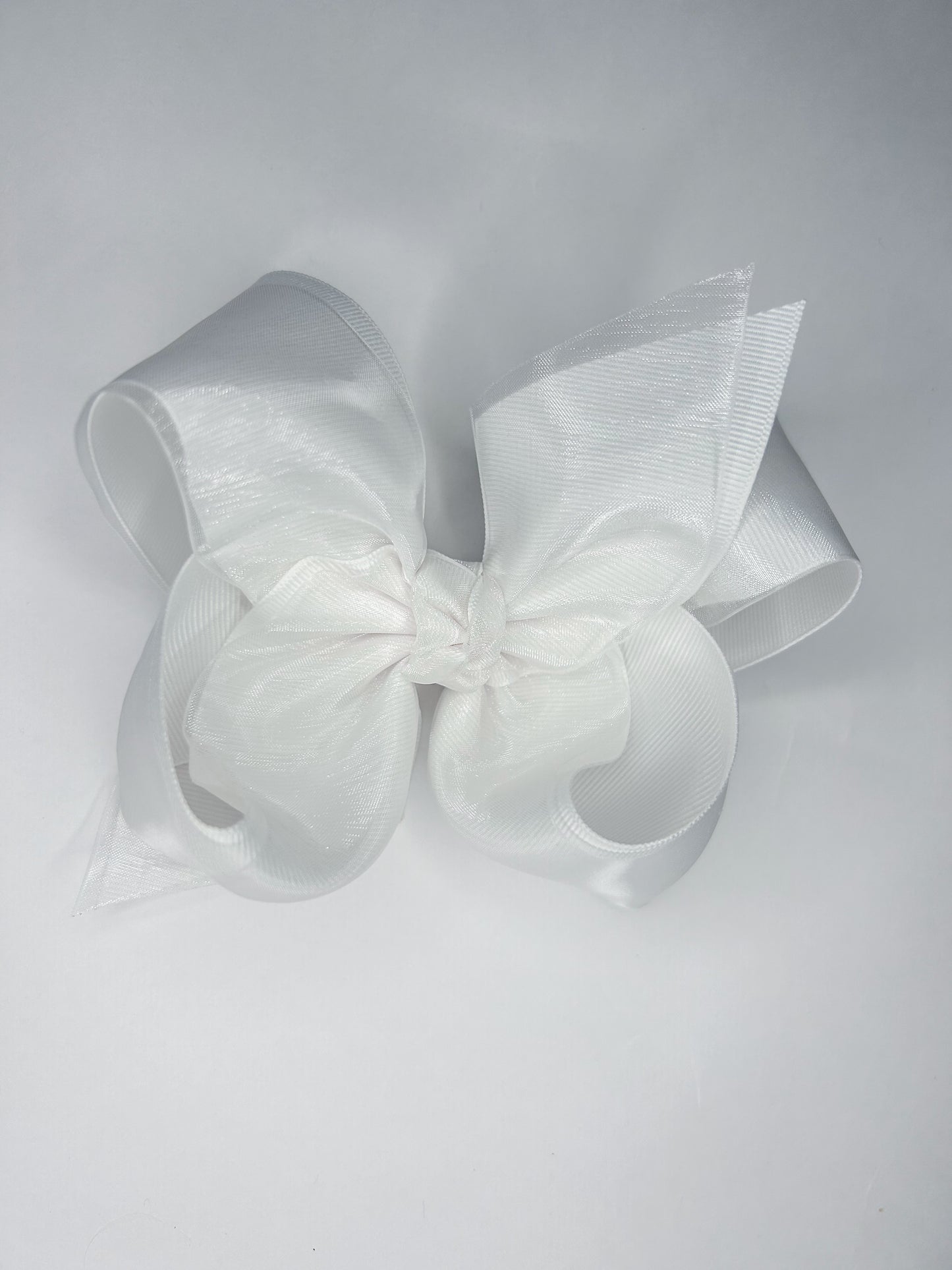 Layered Organza/Grosgrain Bow On Clip (White) 5.5”