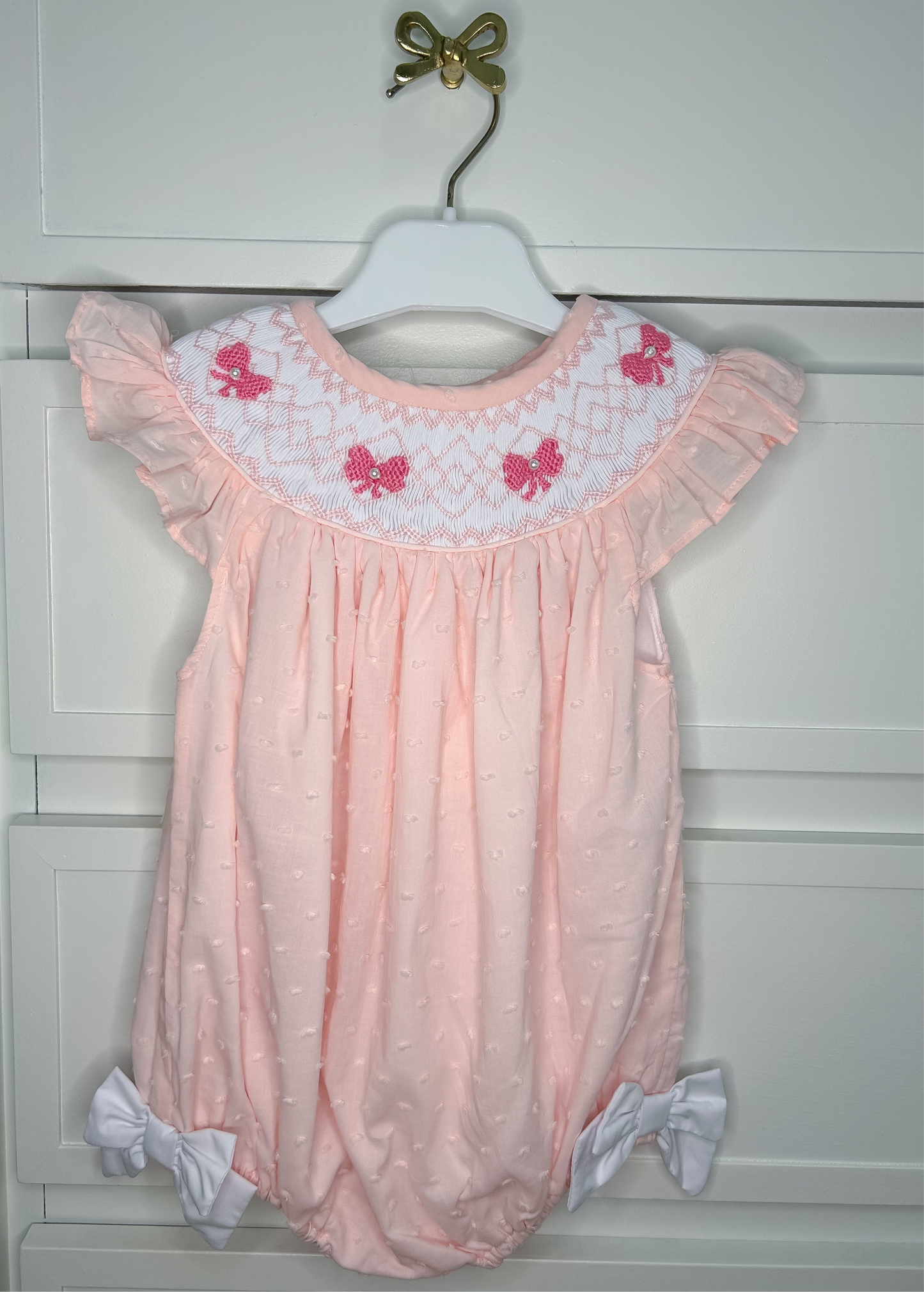 Hand Smocked Swiss Dot Bow Pearl Bubble