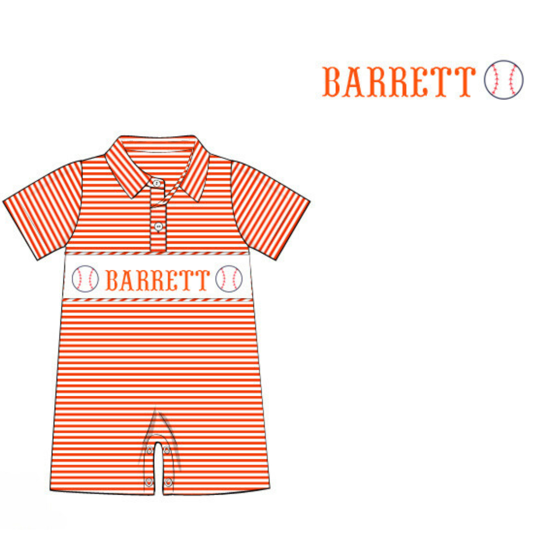 Pre-Order Orange Custom Hand Smocked Game Day Romper (Football and Baseball)