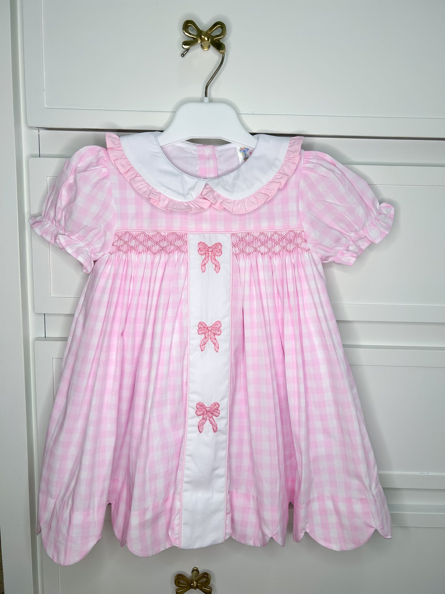 Hand Smocked Bow Dress Pink Gingham