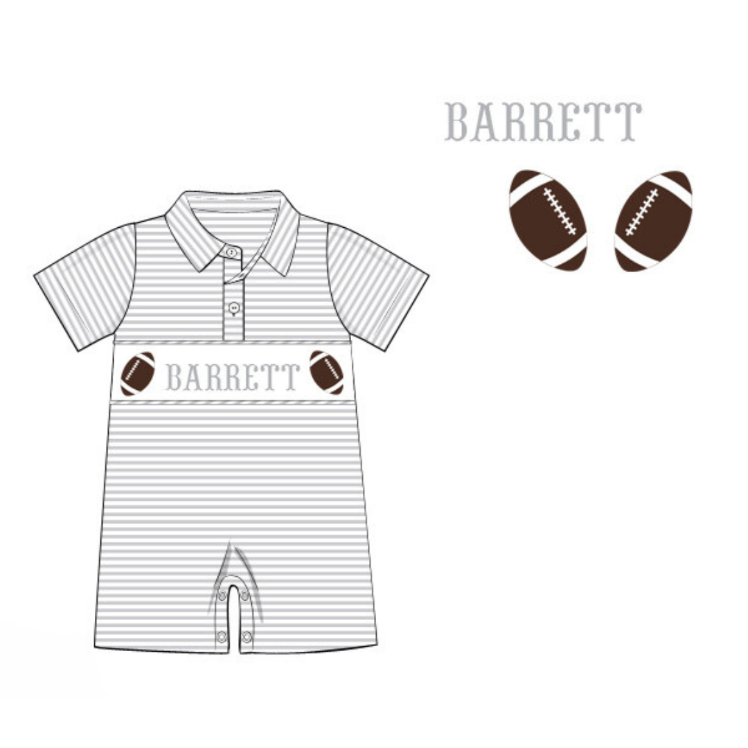 Pre-Order Gray Custom Hand Smocked Game Day Romper (Football and Baseball)