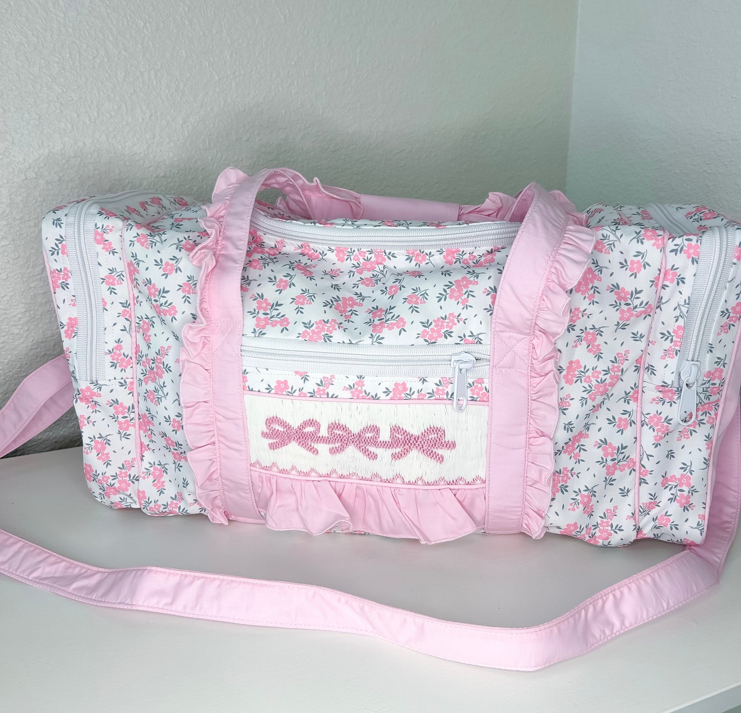 Fancy Floral Hand Smocked Bow Duffel