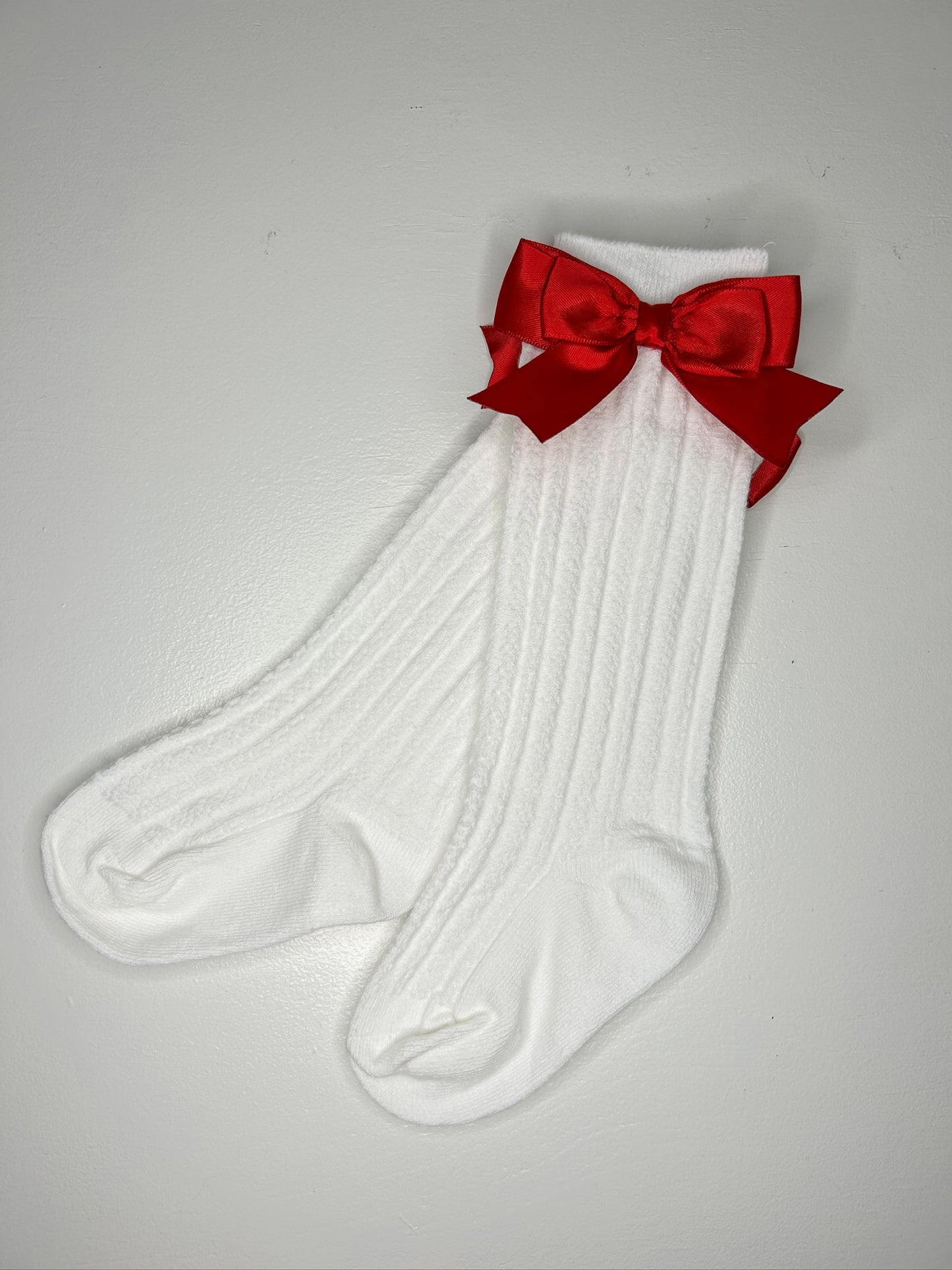 Cotton Knee High Socks with Red Satin Bows