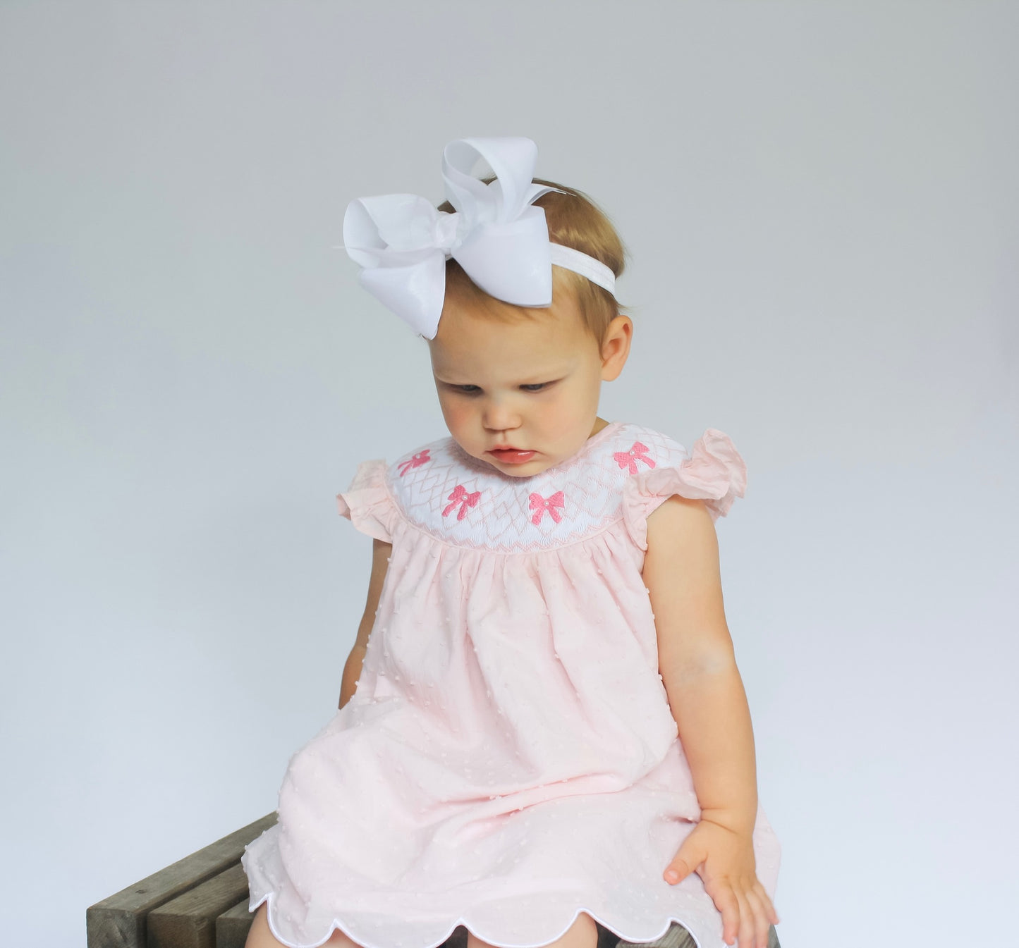 Hand Smocked Pink Swiss Dot Pearl Bow Dress