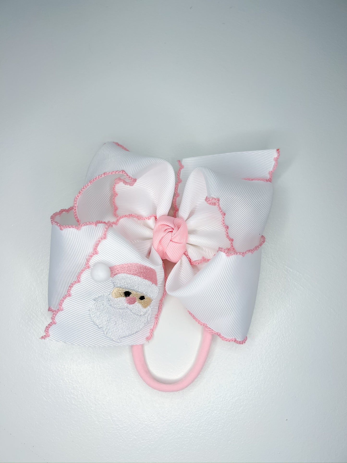 5.5” Pink Santa Crochet Edge Bow on Pantyhose Headband