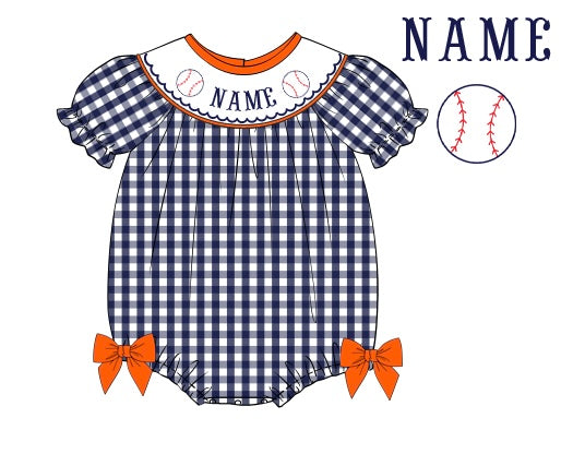 Pre-Order Navy Blue & Orange Custom Hand Smocked Game Day Bubble (Football & Baseball)