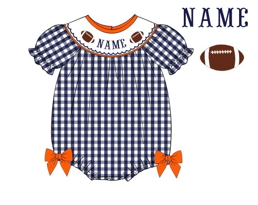 Pre-Order Navy Blue & Orange Custom Hand Smocked Game Day Bubble (Football & Baseball)