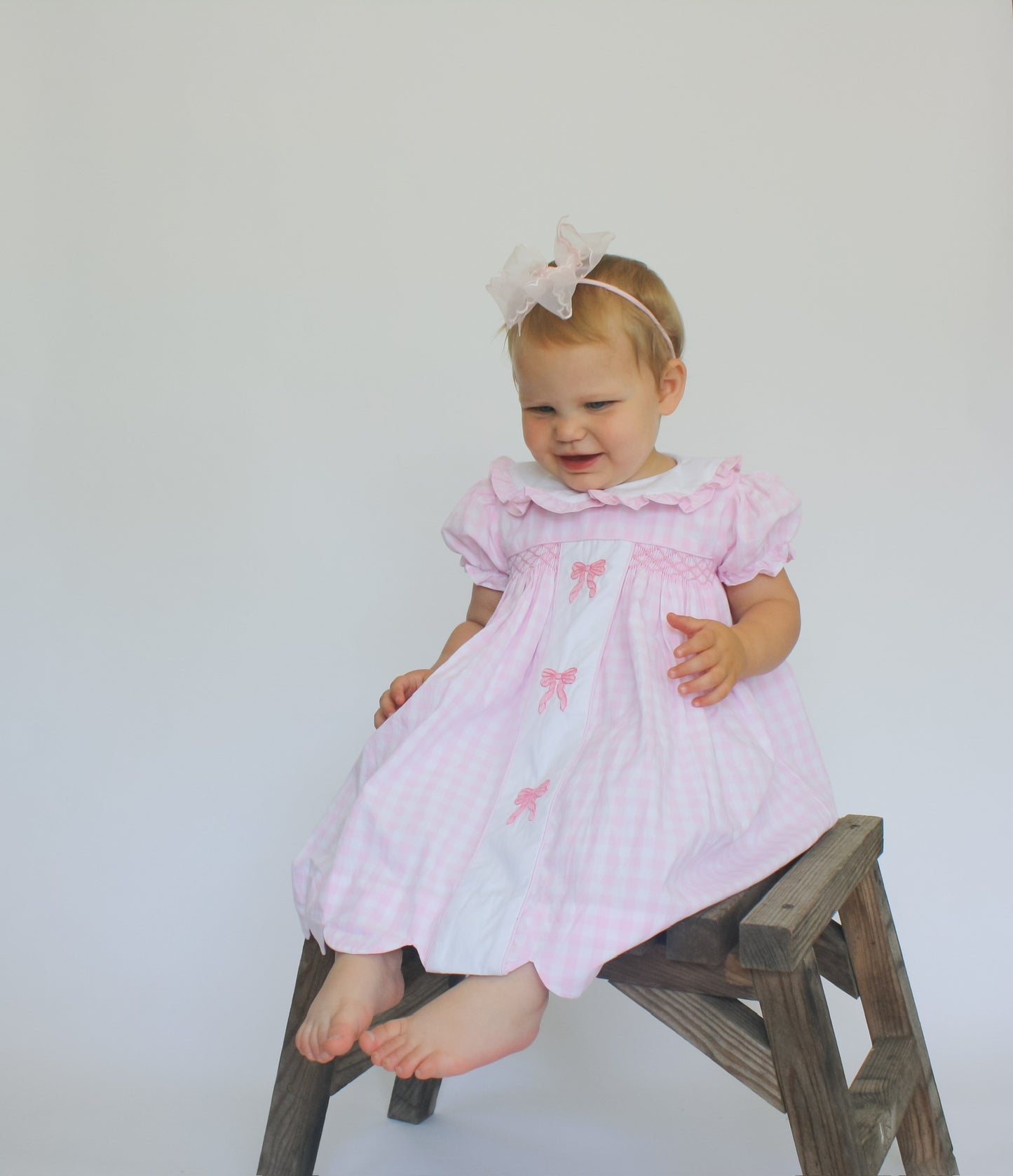 Hand Smocked Bow Dress Pink Gingham