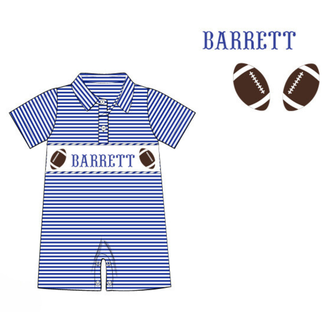 Pre-Order Royal Blue Custom Hand Smocked Game Day Romper (Football and Baseball)