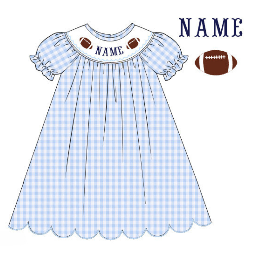 Pre-Order Light Blue Custom Hand Smocked Game Day Dress (Football & Baseball)