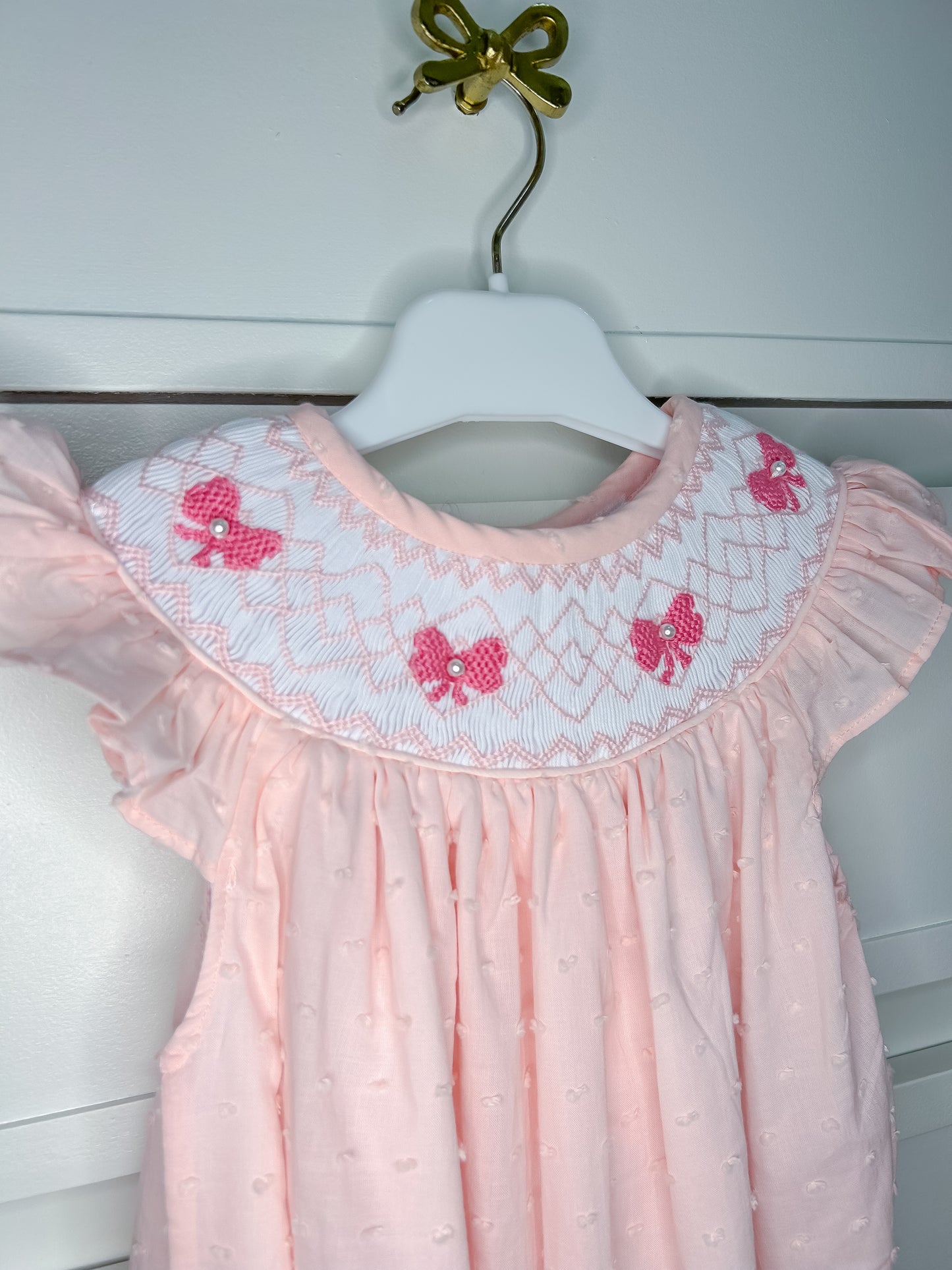 Hand Smocked Swiss Dot Bow Pearl Bubble
