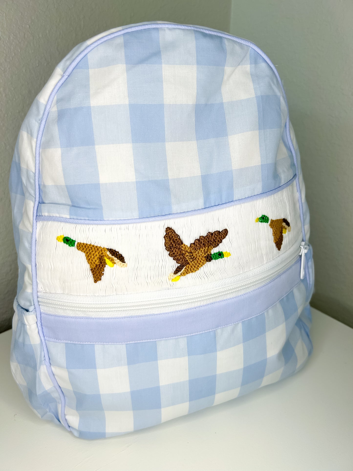 Blue Gingham Mallard Duck Hand Smocked Backpack