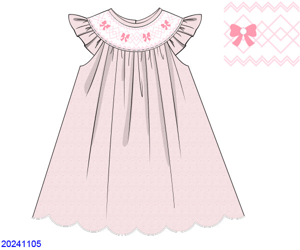 Hand Smocked Pink Swiss Dot Pearl Bow Dress
