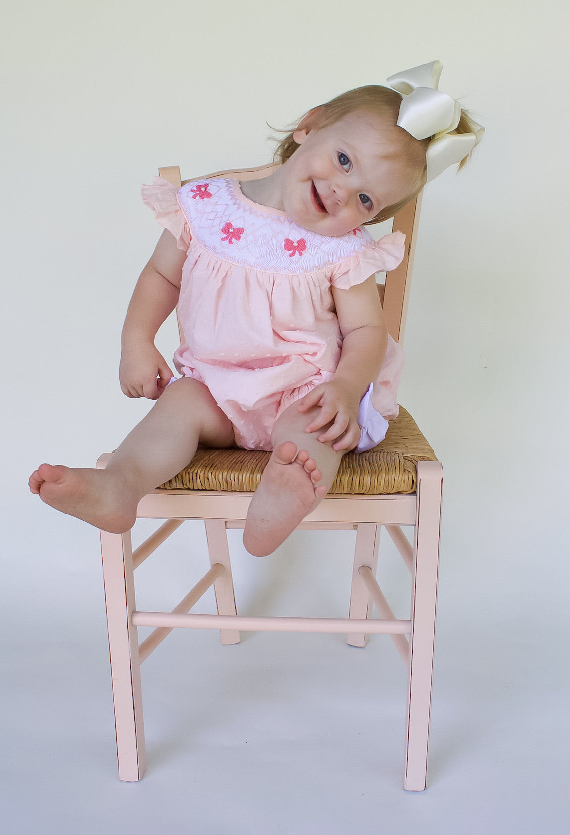 Hand Smocked Swiss Dot Bow Pearl Bubble