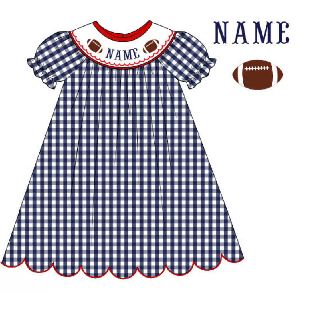Pre-Order Navy Blue & Red Custom Hand Smocked Game Day Dress (Football & Baseball)