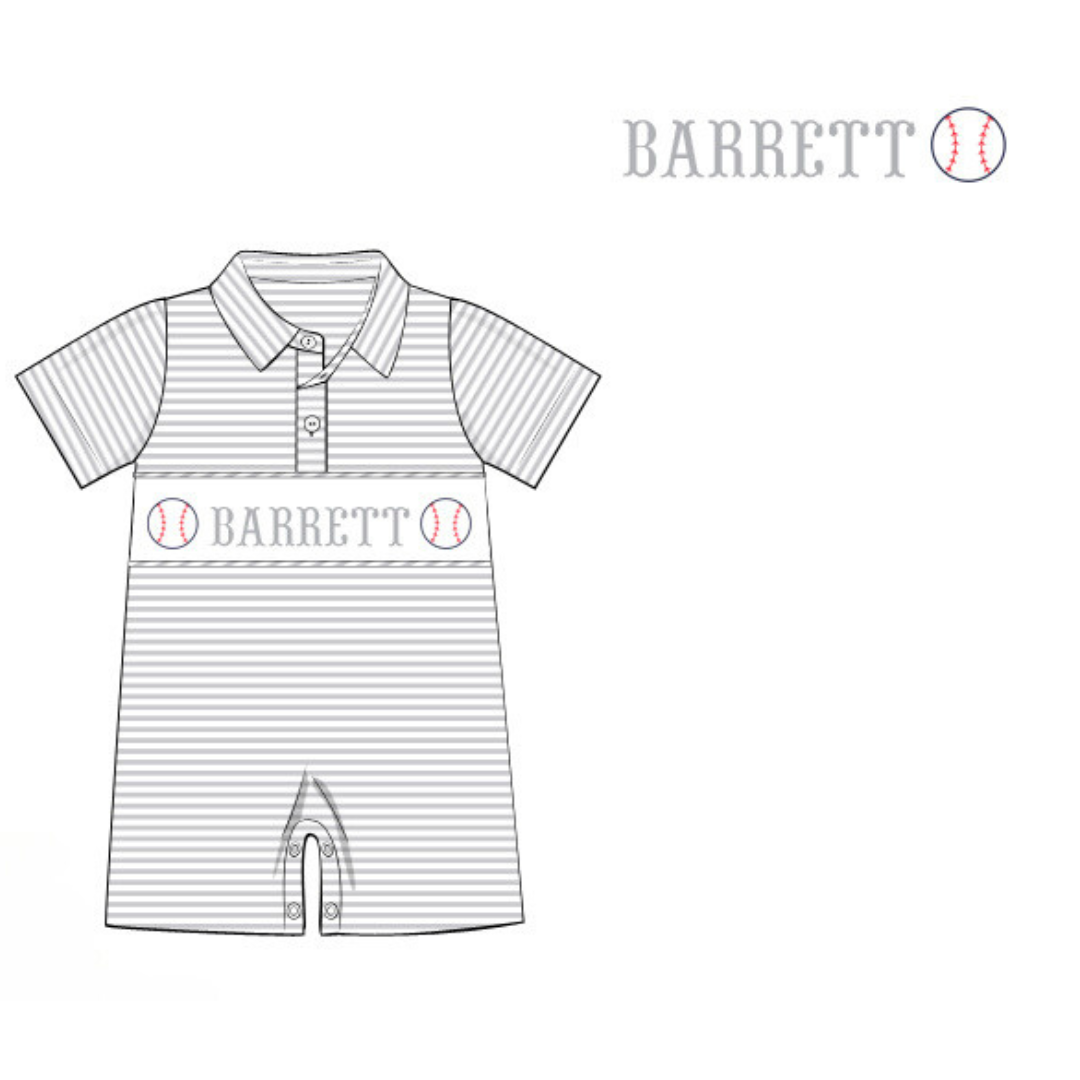 Pre-Order Gray Custom Hand Smocked Game Day Romper (Football and Baseball)