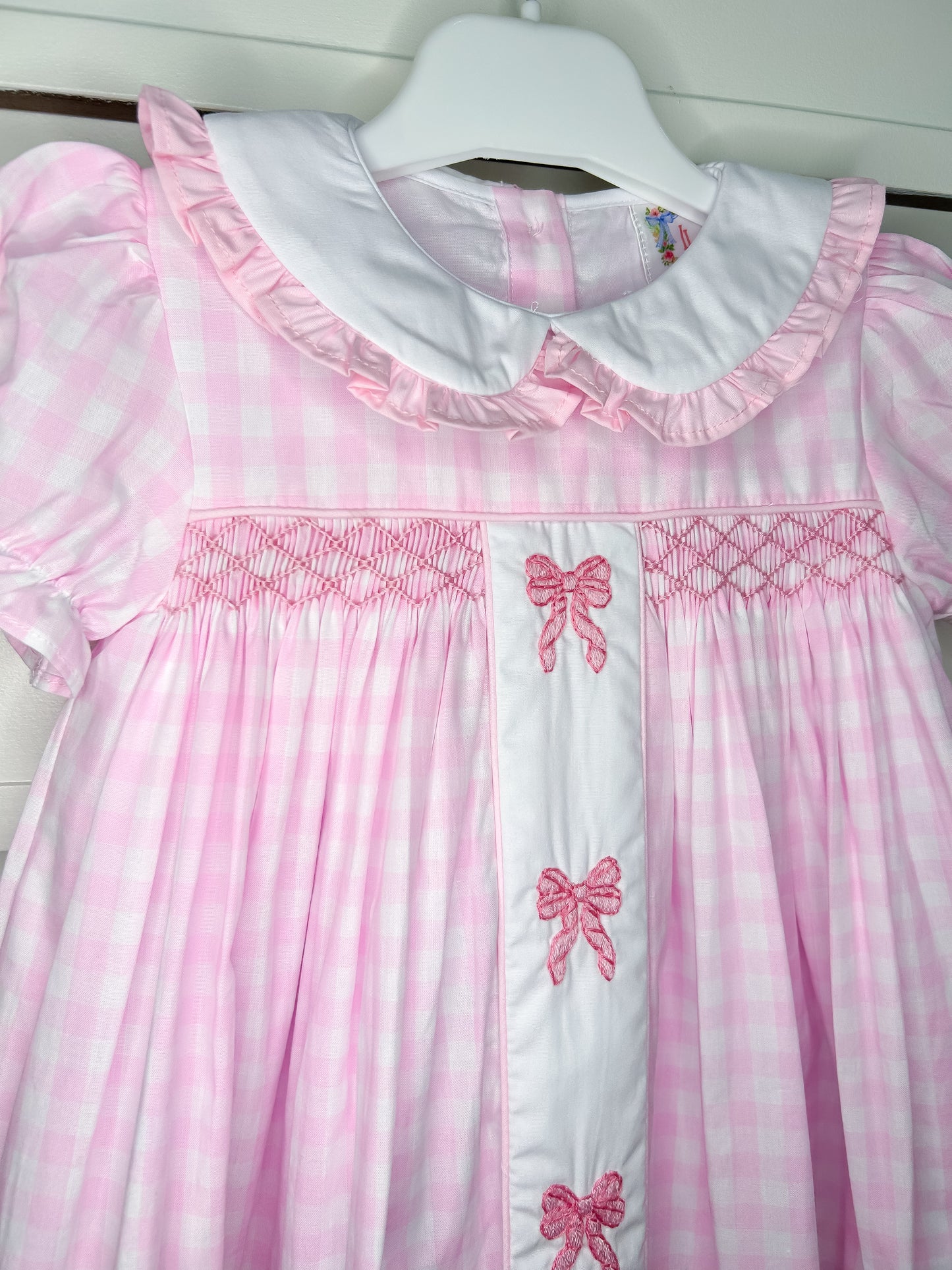 Hand Smocked Bow Dress Pink Gingham