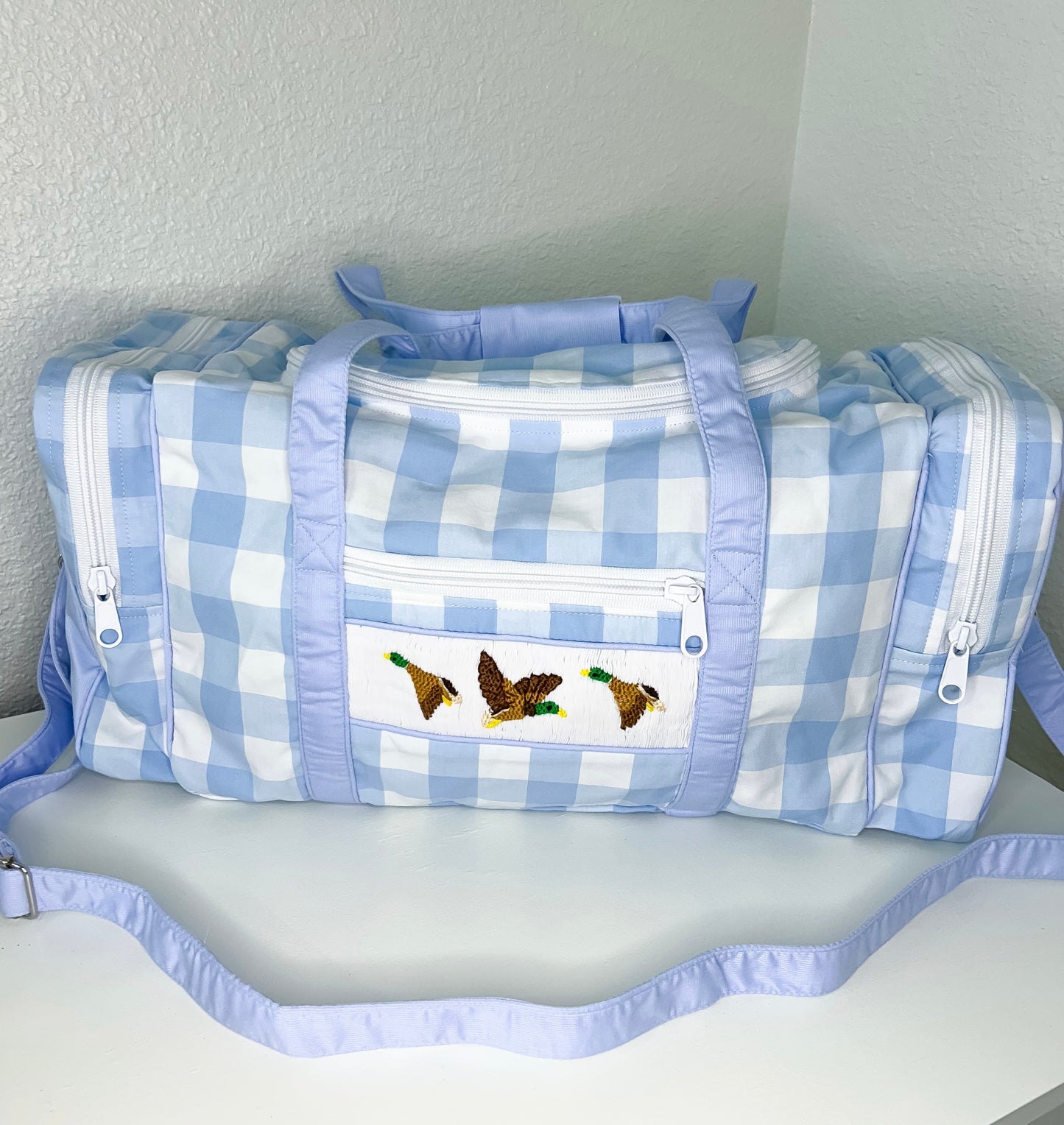 Blue Gingham Hand Smocked Mallard Duck Duffel