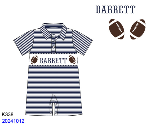 Pre-Order Navy Custom Hand Smocked Game Day Romper (Football and Baseball)