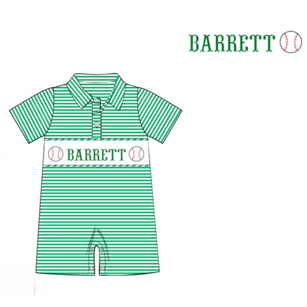 Pre-Order Green Custom Hand Smocked Game Day Romper (Football and Baseball)