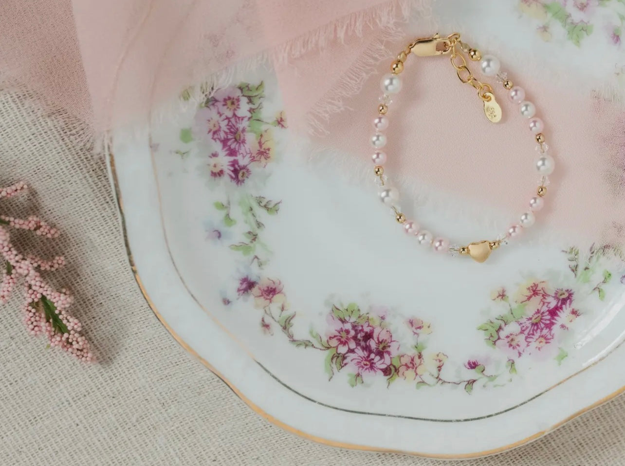 14K Gold-Plated Pink Pearls and Heart Evelyn Bracelet