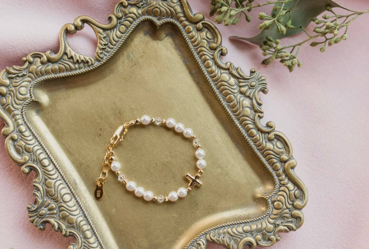 14K Gold-Plated Baby Cross and Pearls Eve Bracelet