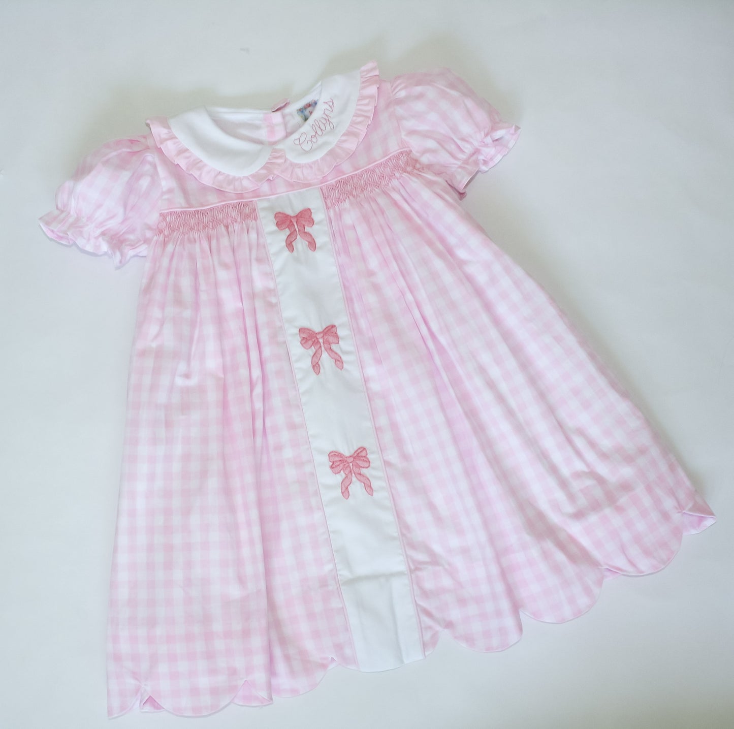 Hand Smocked Bow Dress Pink Gingham