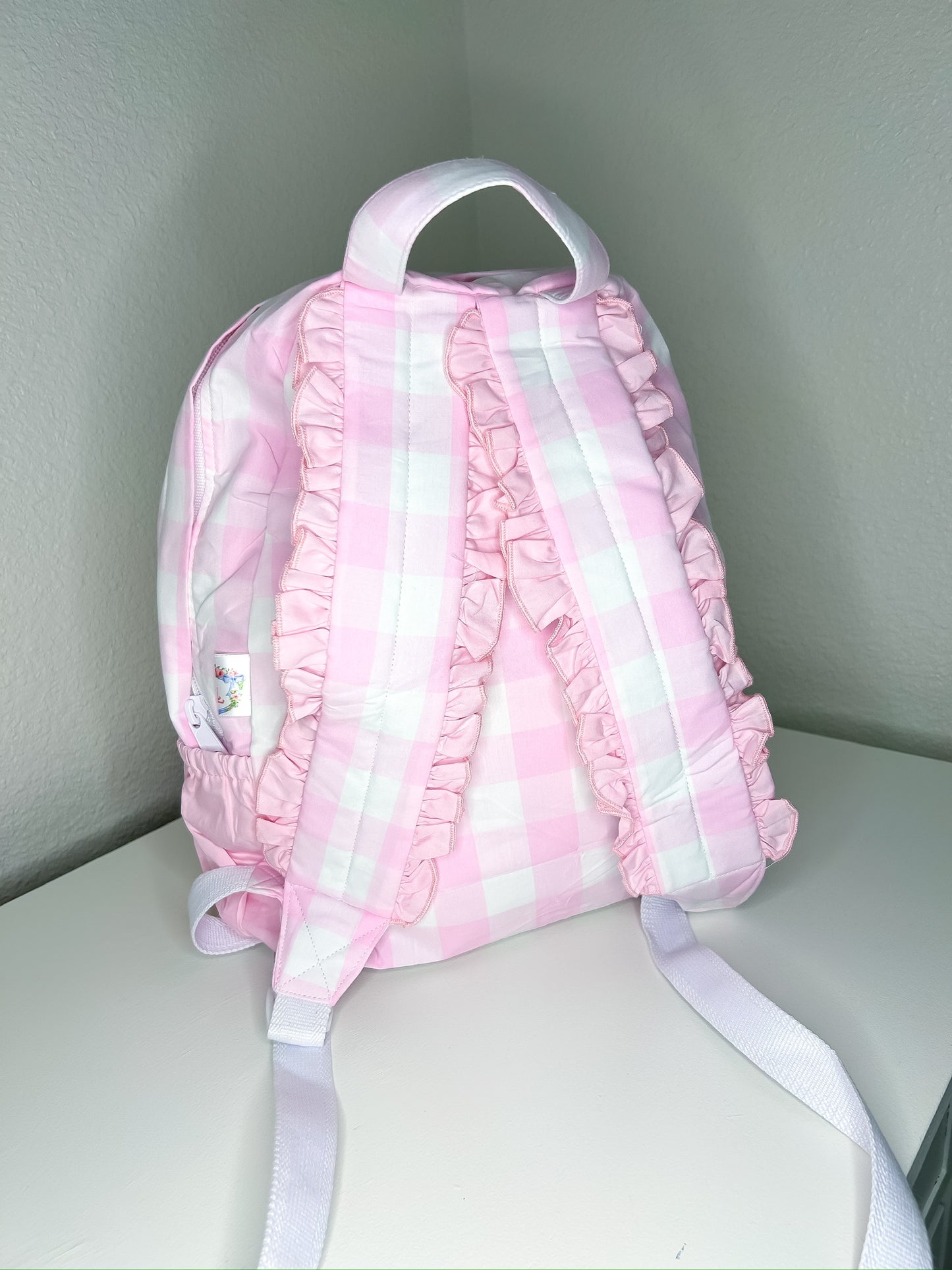 Hand Smocked Boots and Gingham Backpack with Ruffles