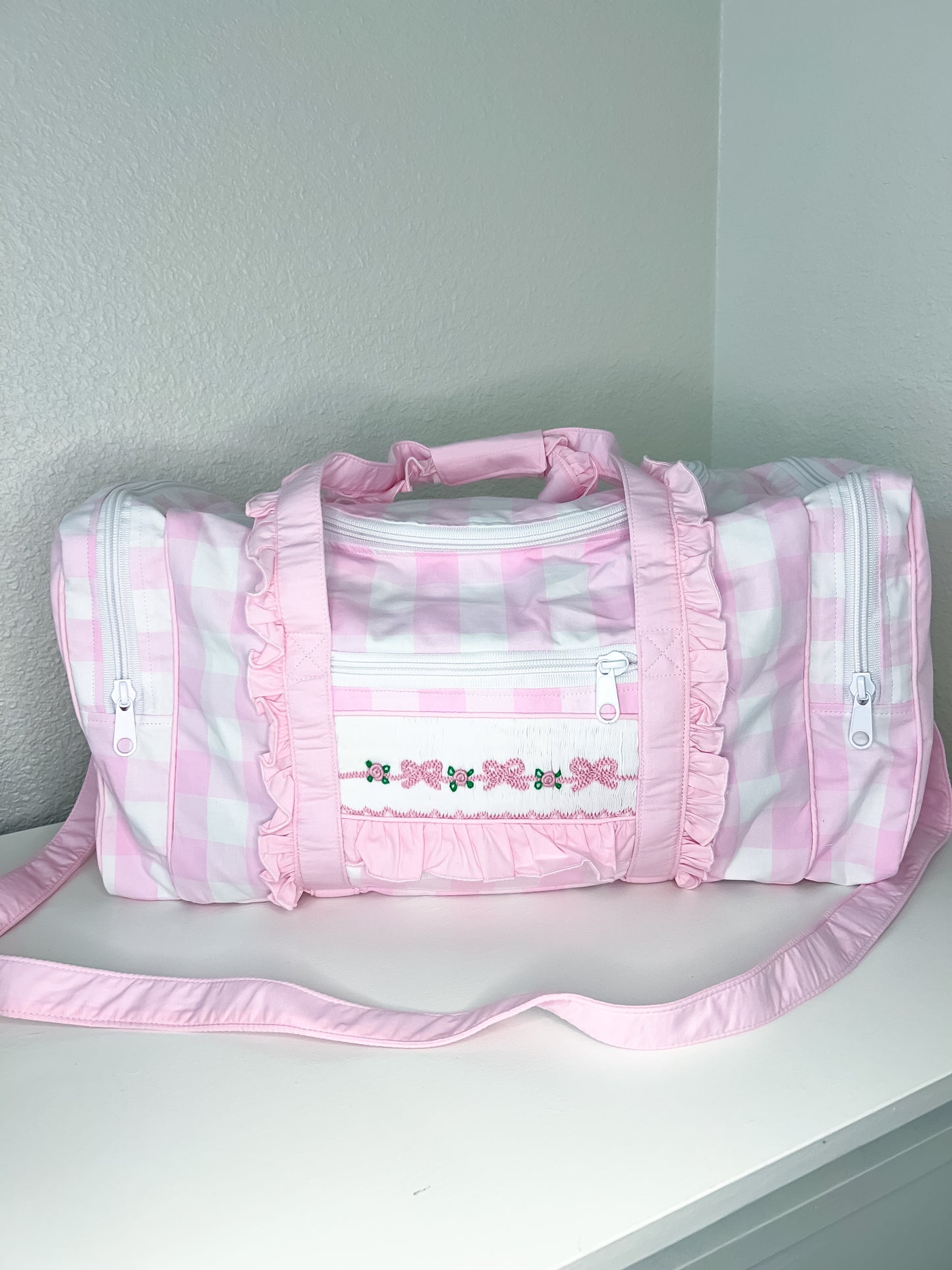 Pink Gingham Hand Smocked Bow Duffel