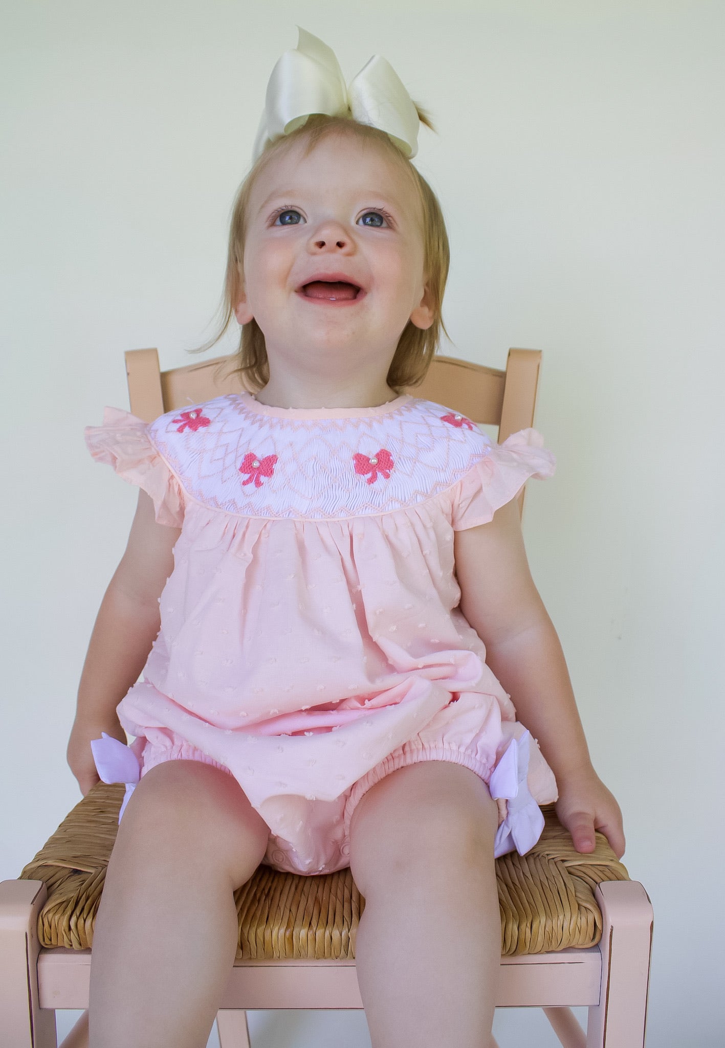 Hand Smocked Swiss Dot Bow Pearl Bubble