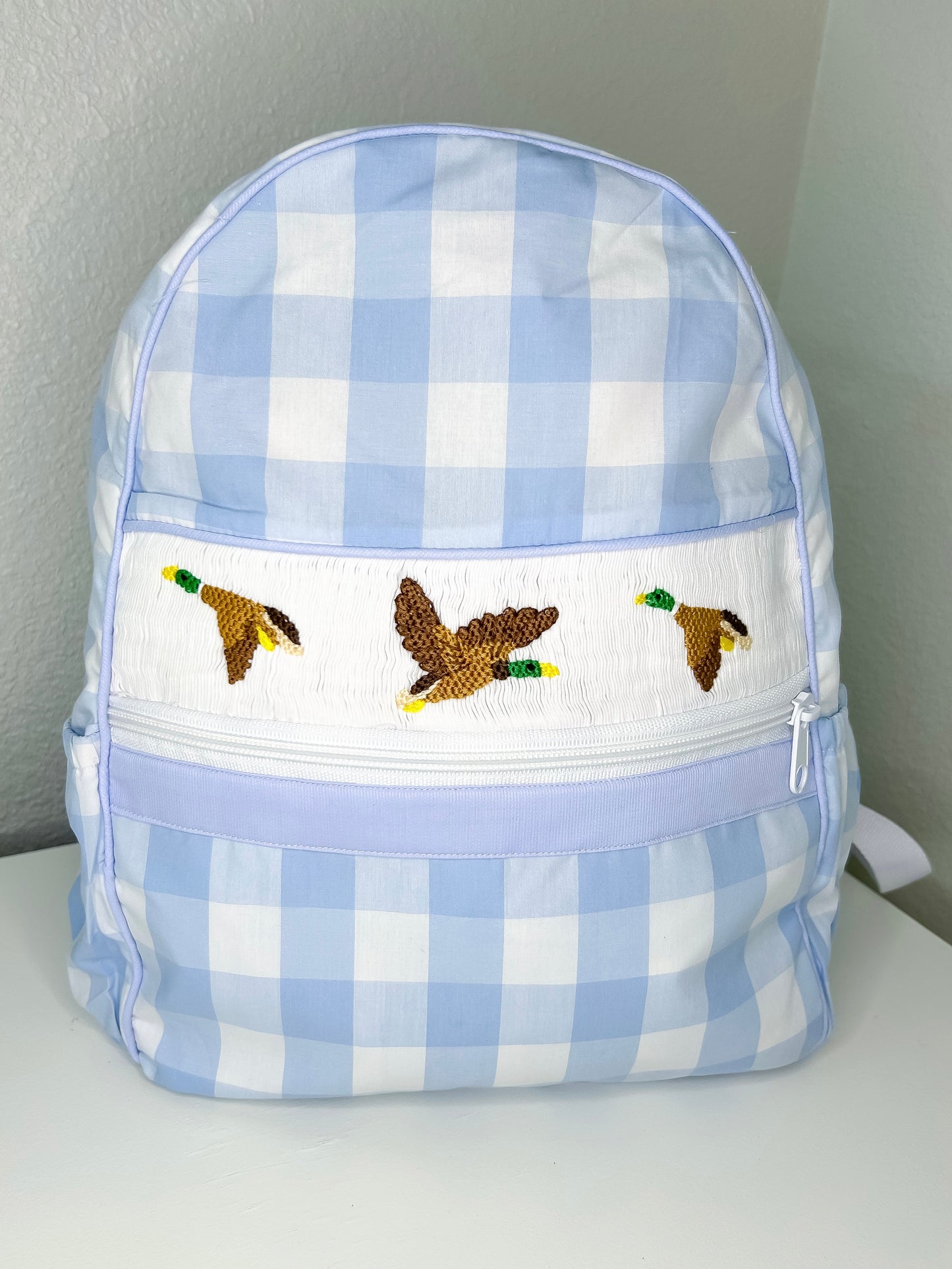 Blue Gingham Mallard Duck Hand Smocked Backpack