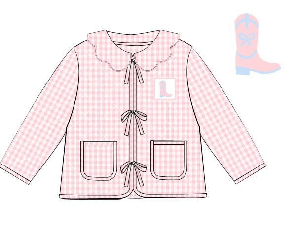 Hand Smocked Pink Gingham Boots and Bows Quilted Jacket