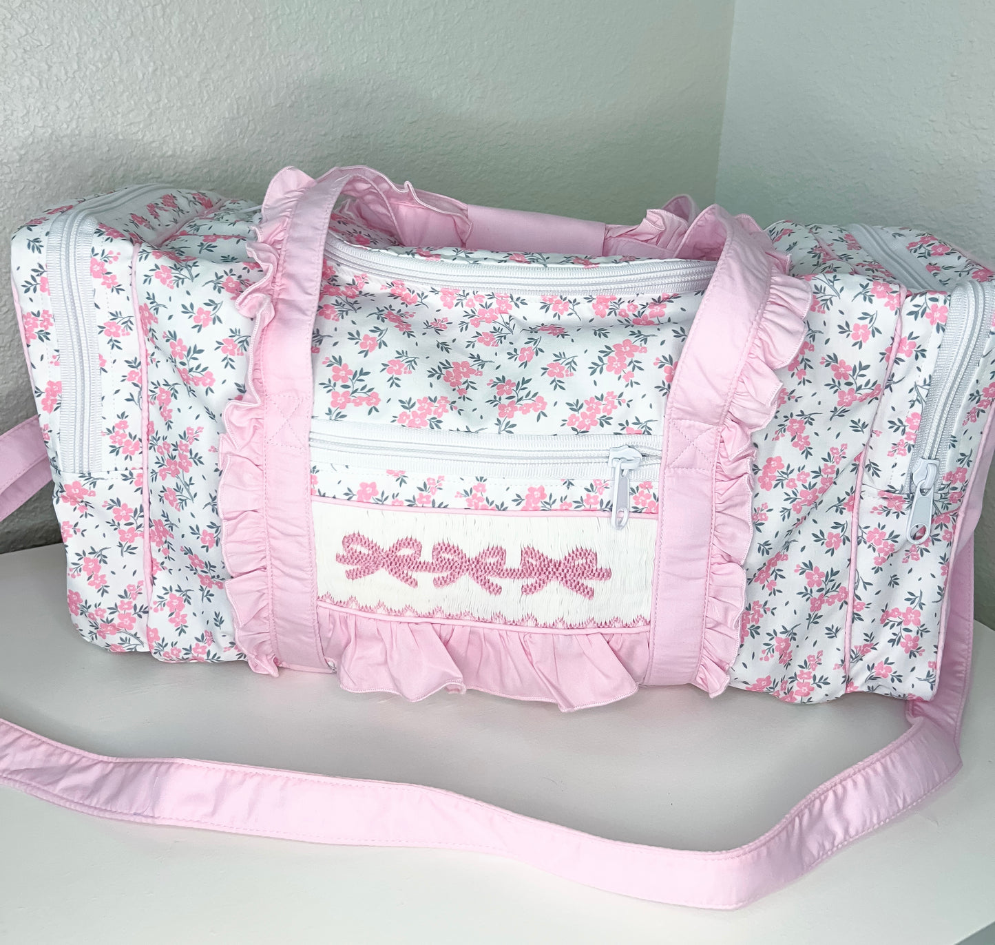 Fancy Floral Hand Smocked Bow Duffel