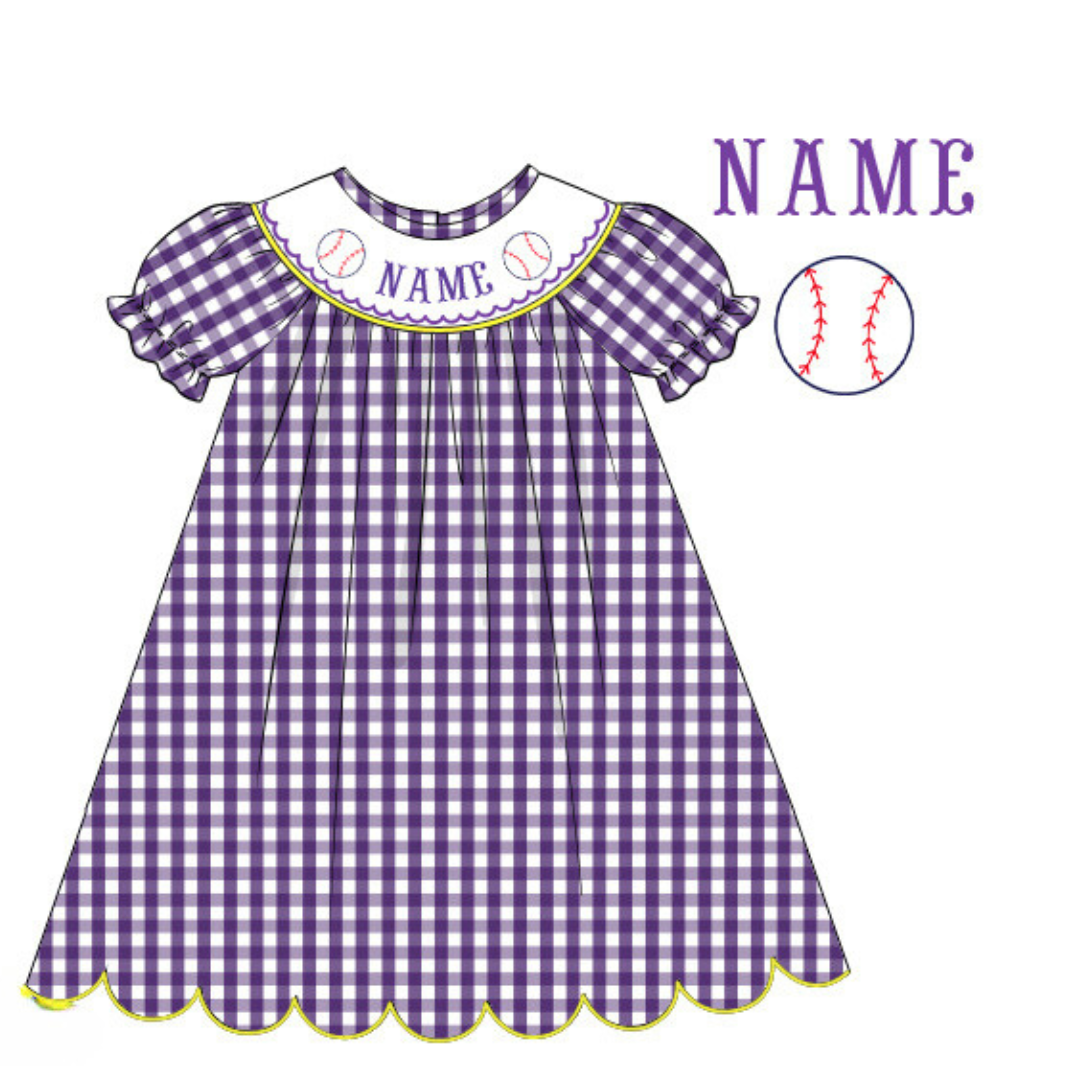 Pre-Order Purple & Yellow Custom Hand Smocked Game Day Dress (Football & Baseball)