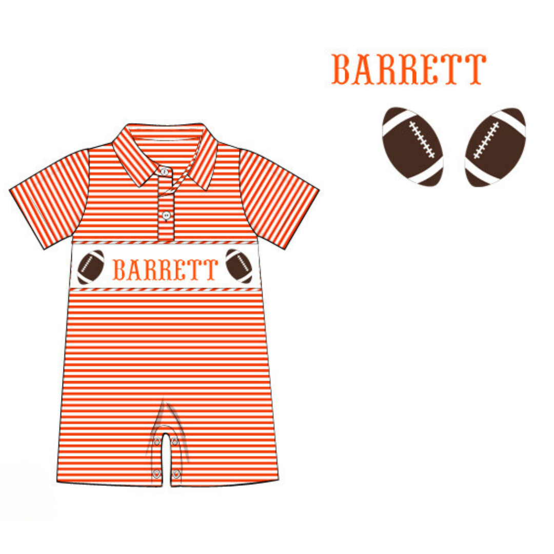 Pre-Order Orange Custom Hand Smocked Game Day Romper (Football and Baseball)