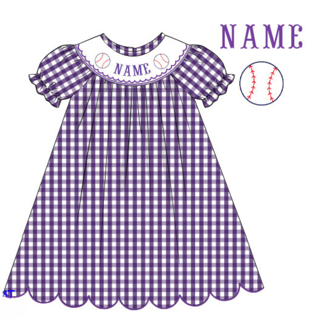 Pre-Order Purple & White Custom Hand Smocked Game Day Dress (Football & Baseball)