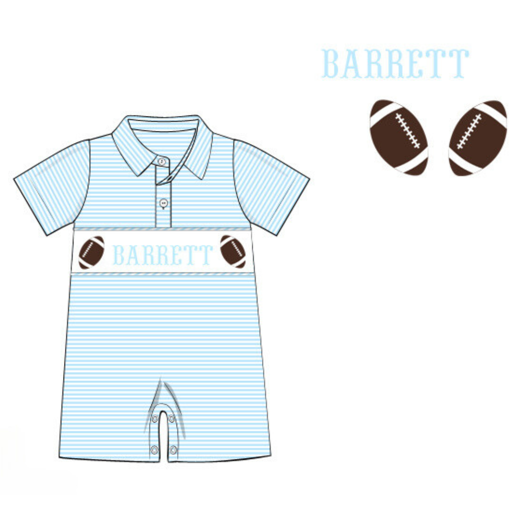 Pre-Order Light Blue Custom Hand Smocked Game Day Romper (Football and Baseball)