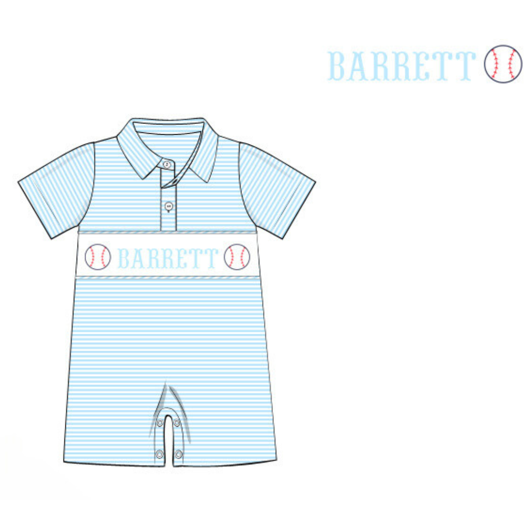 Pre-Order Light Blue Custom Hand Smocked Game Day Romper (Football and Baseball)