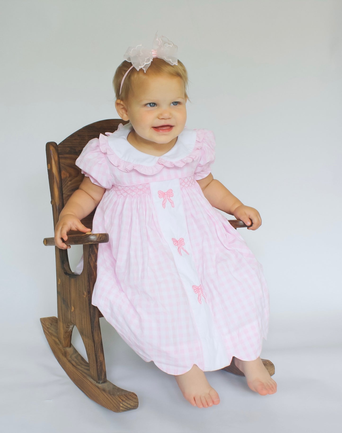 Hand Smocked Bow Dress Pink Gingham