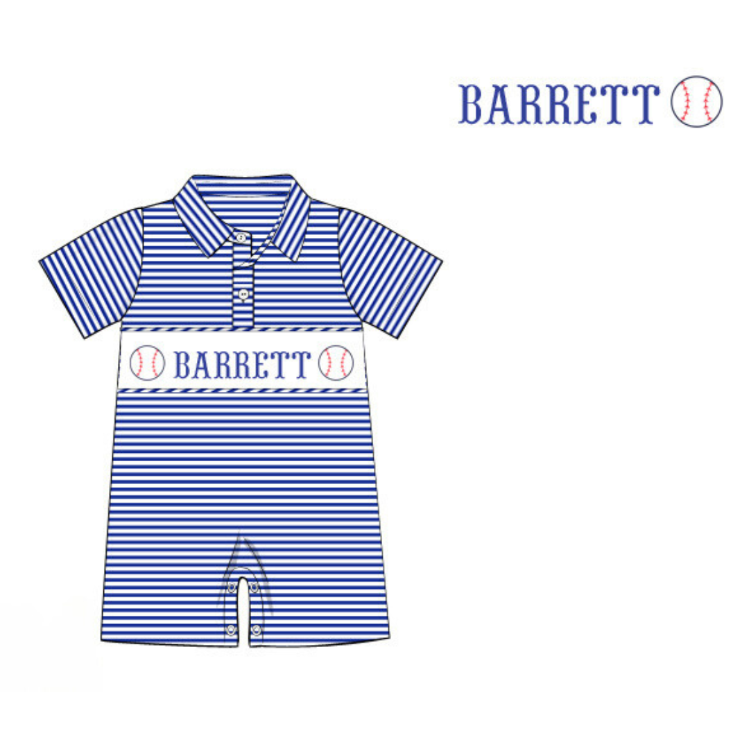 Pre-Order Royal Blue Custom Hand Smocked Game Day Romper (Football and Baseball)
