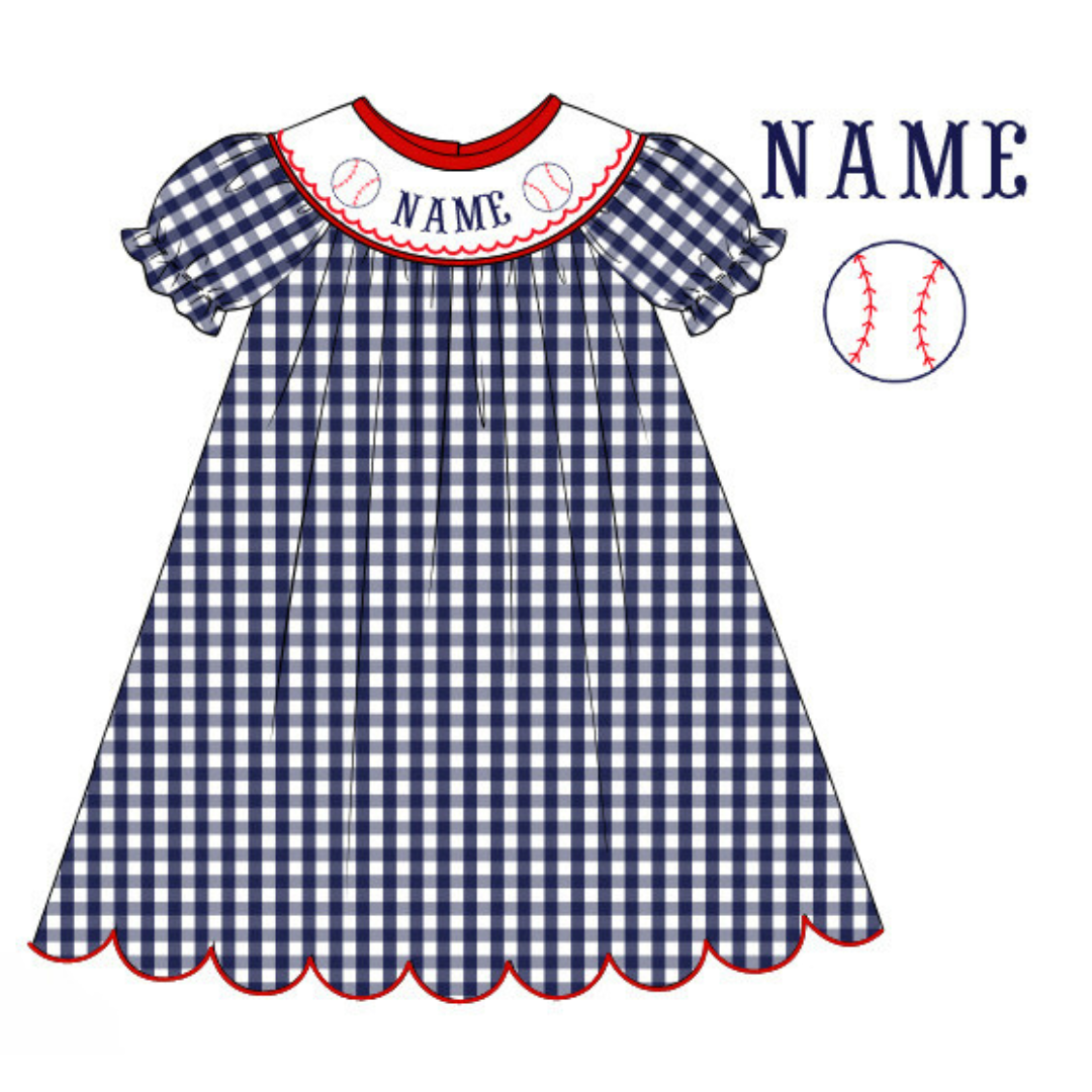 Pre-Order Navy Blue & Red Custom Hand Smocked Game Day Dress (Football & Baseball)