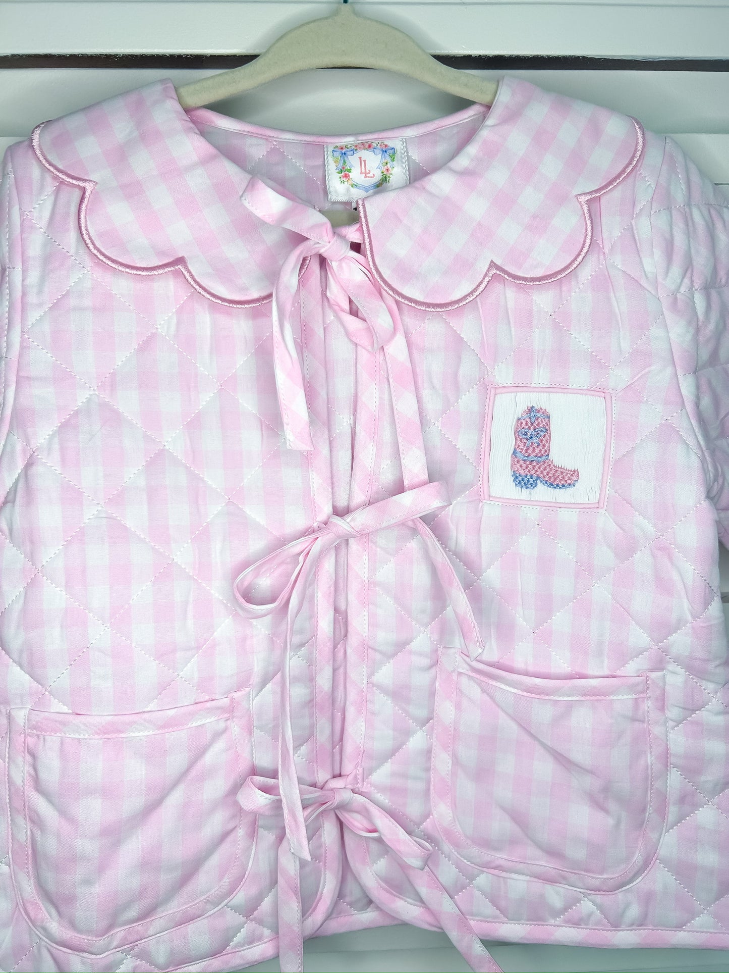 Hand Smocked Pink Gingham Boots and Bows Quilted Jacket