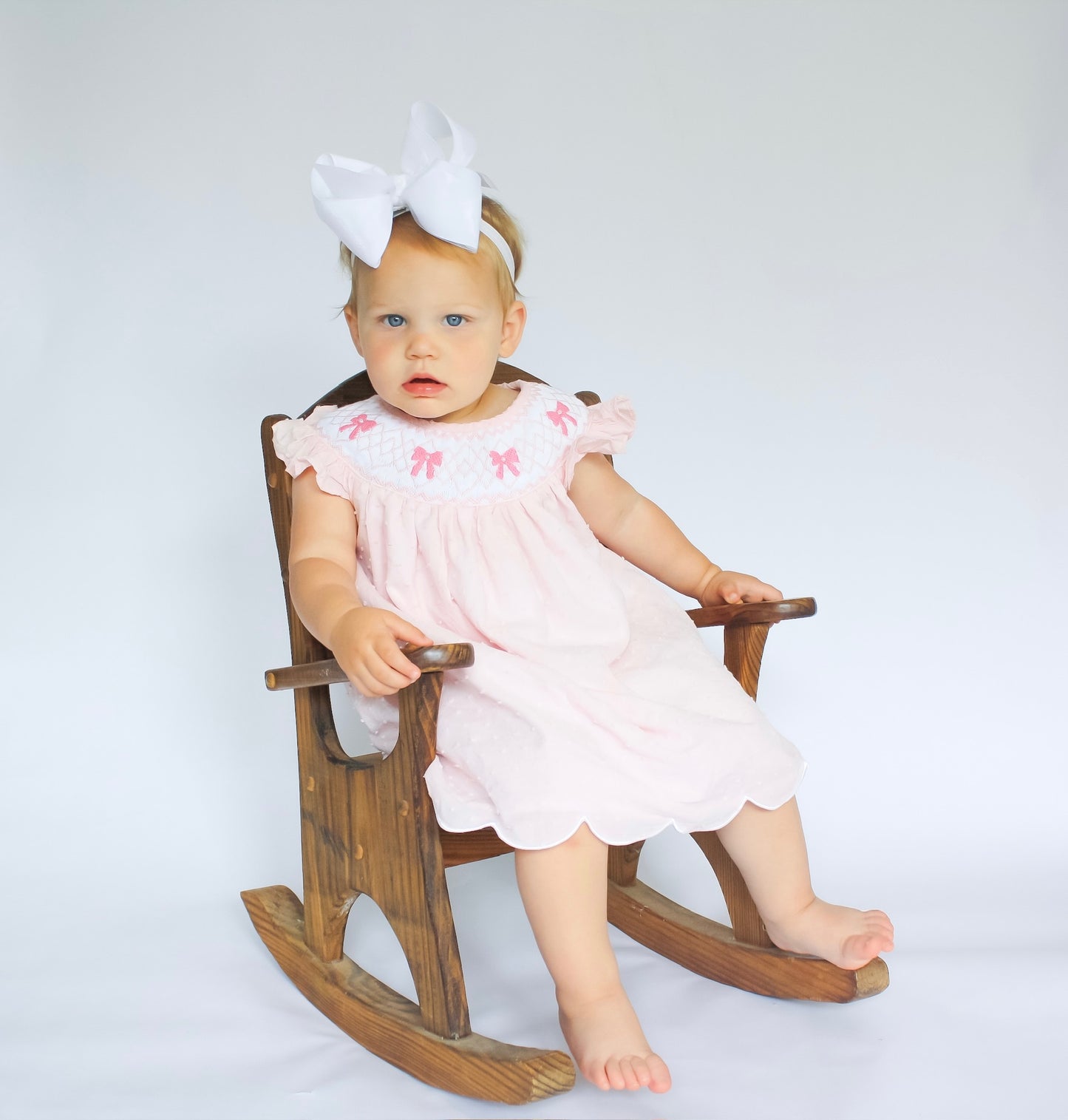 Hand Smocked Pink Swiss Dot Pearl Bow Dress