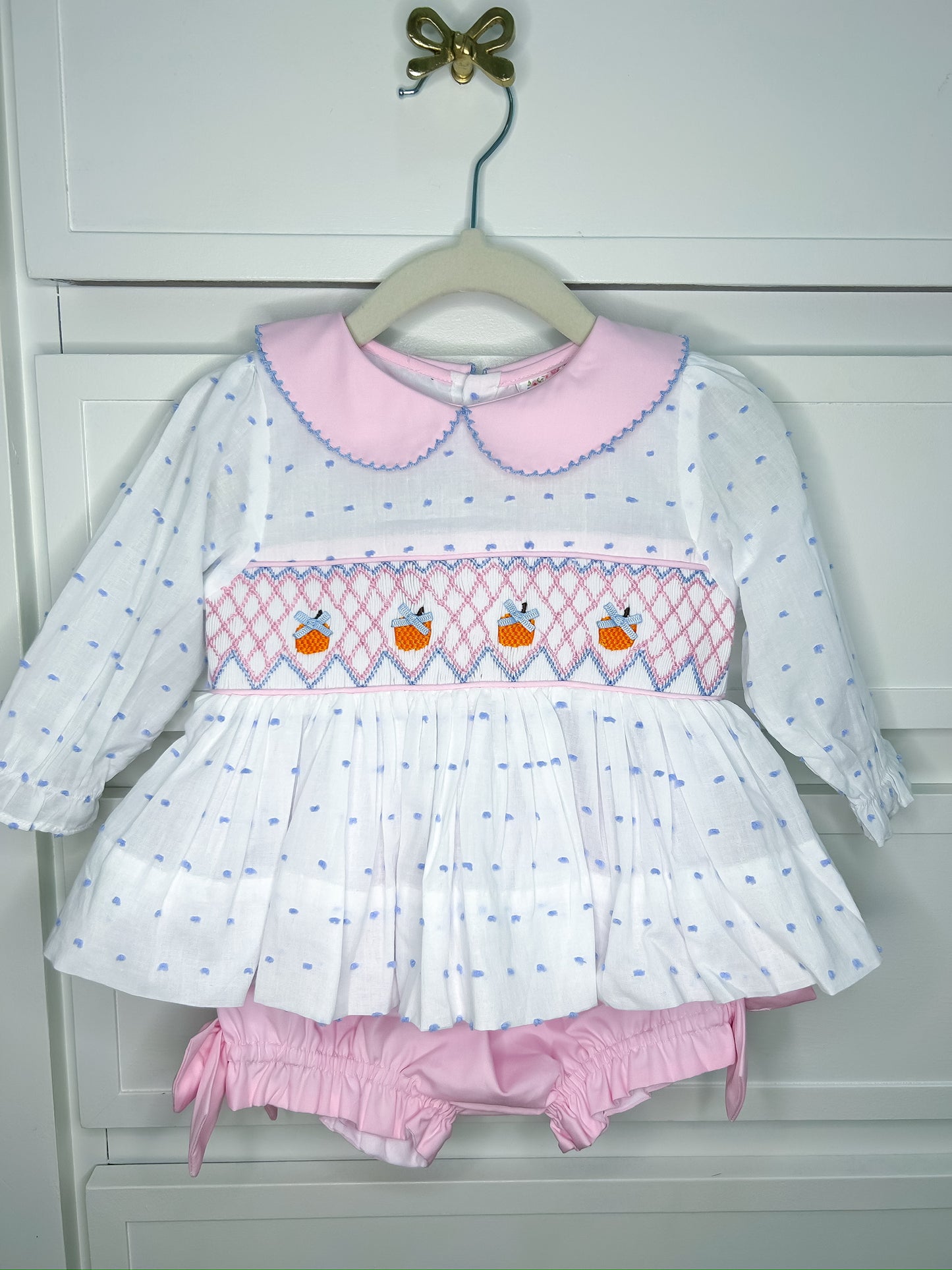 Hand Smocked Pumpkins Swiss Dot Bloomer Set
