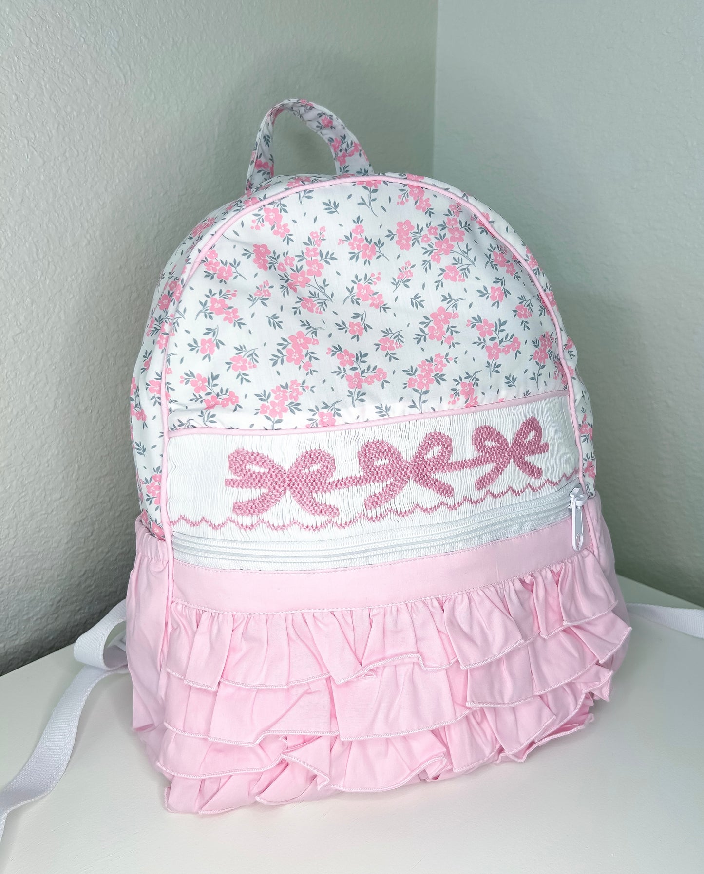 Fancy Floral Hand Smocked Pink Floral Backpack