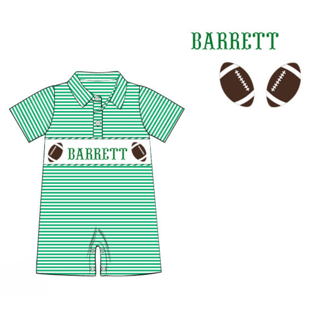 Pre-Order Green Custom Hand Smocked Game Day Romper (Football and Baseball)