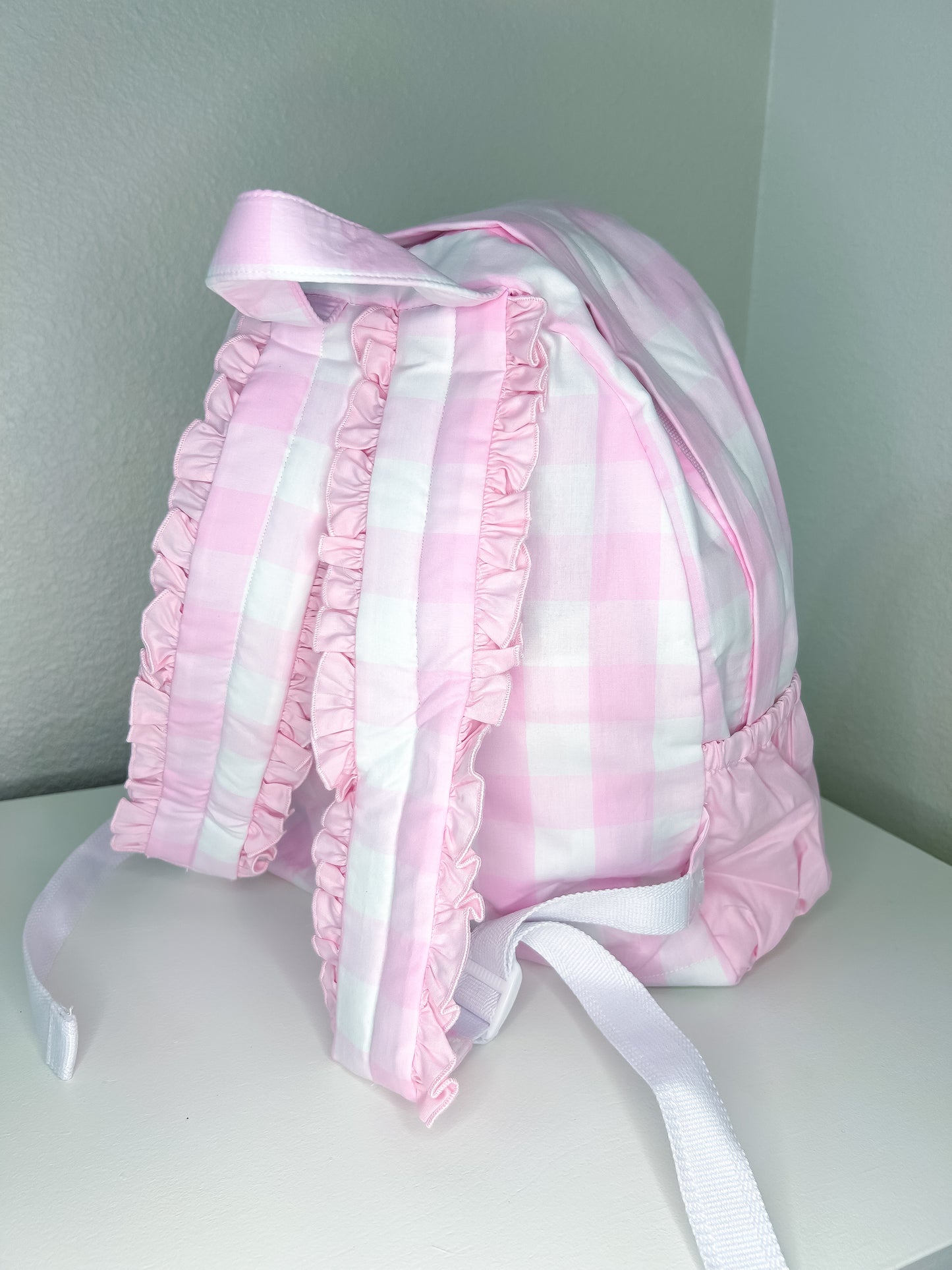 Pink Gingham Ruffle Hand Smocked Backpack