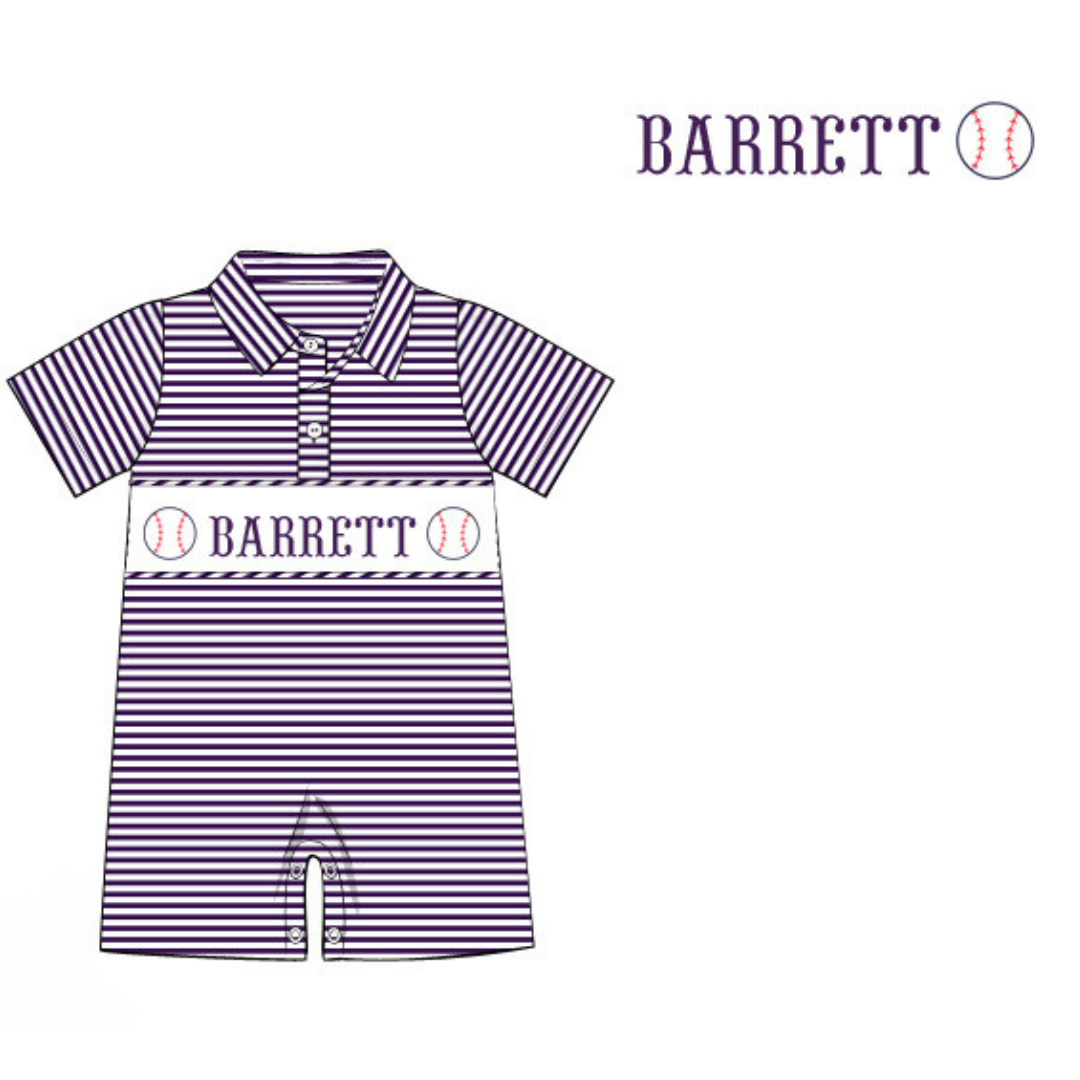 Pre-Order Purple Custom Hand Smocked Game Day Romper (Football and Baseball)