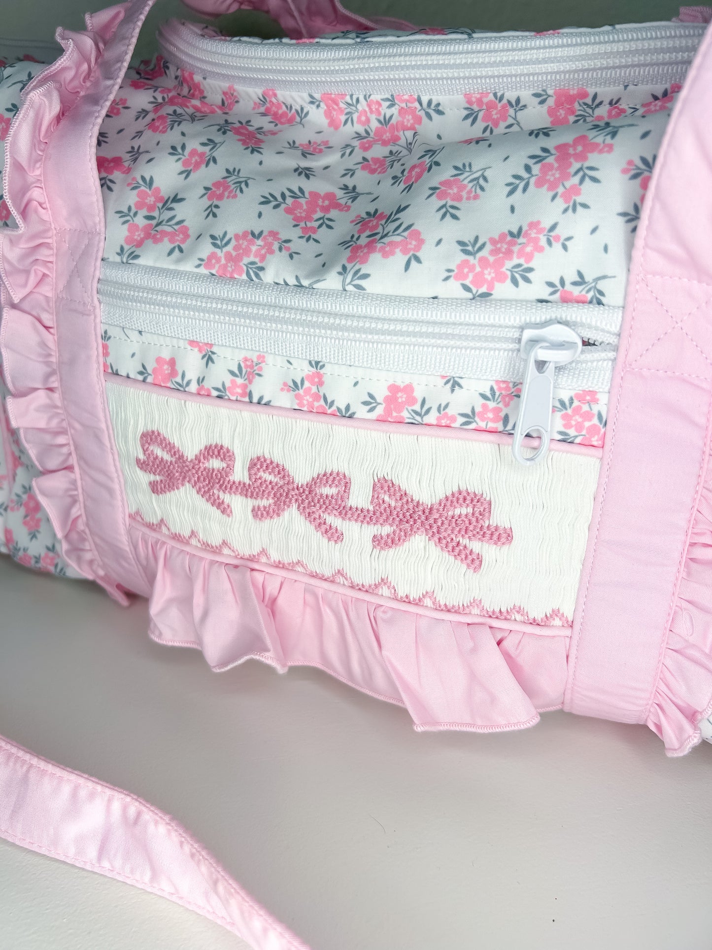 Fancy Floral Hand Smocked Bow Duffel