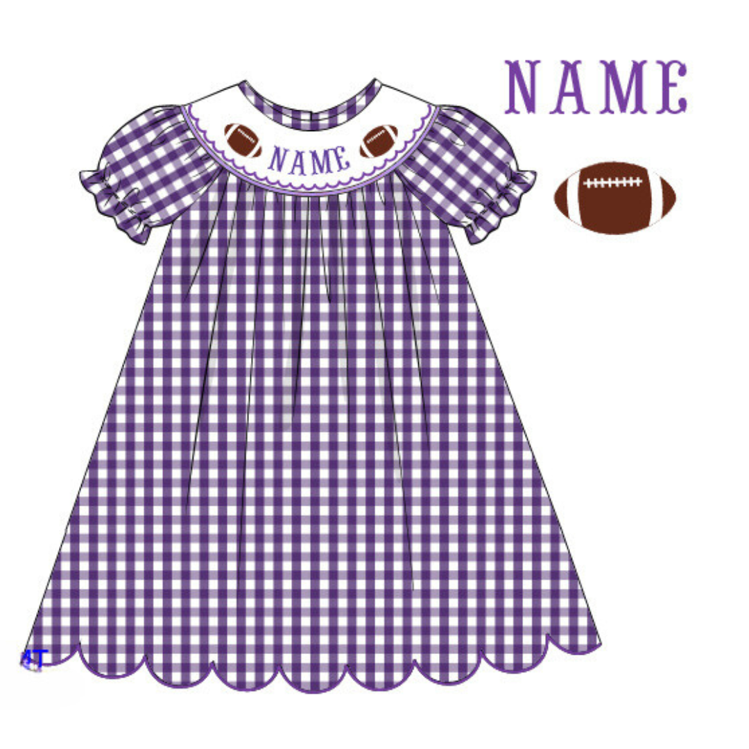 Pre-Order Purple & White Custom Hand Smocked Game Day Dress (Football & Baseball)